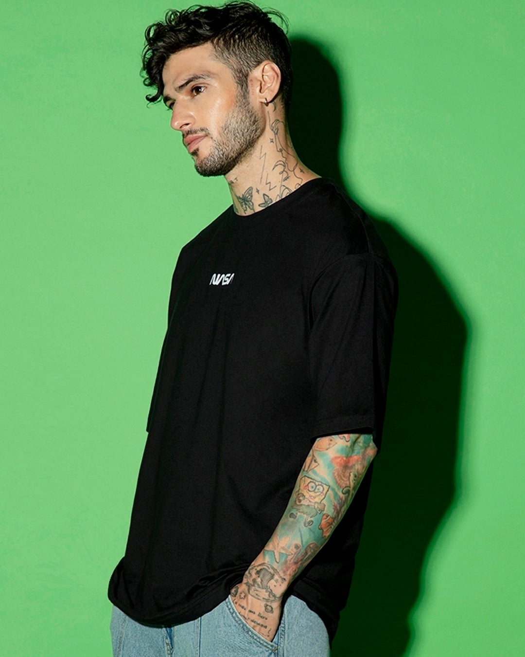 Men's Black Universal Astro Graphic Printed Oversized T-shirt