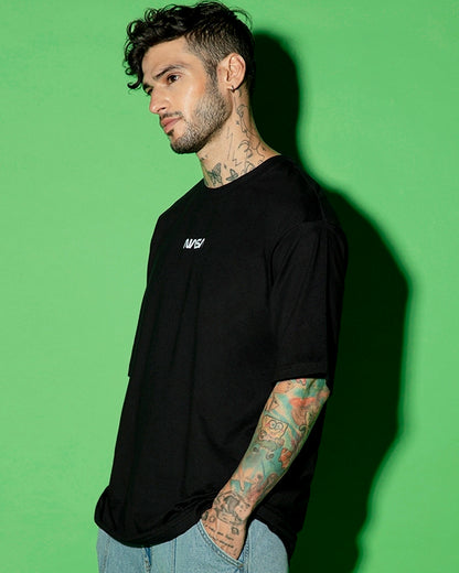 Men's Black Universal Astro Graphic Printed Oversized T-shirt