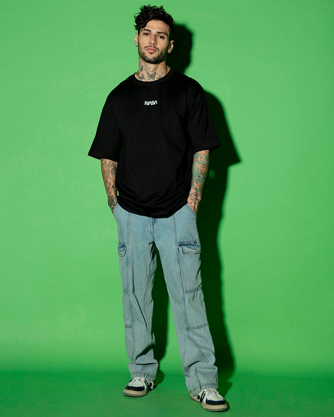 Men's Black Universal Astro Graphic Printed Oversized T-shirt