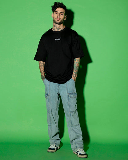 Men's Black Universal Astro Graphic Printed Oversized T-shirt