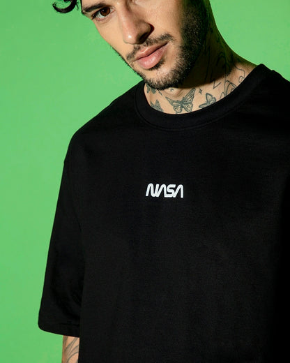 Men's Black Universal Astro Graphic Printed Oversized T-shirt