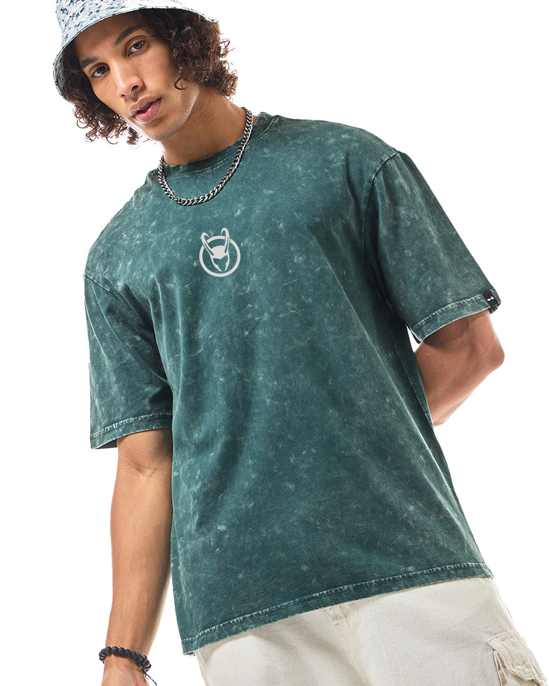 Men's Green Loki Graphic Printed Oversized Acid Wash T-shirt