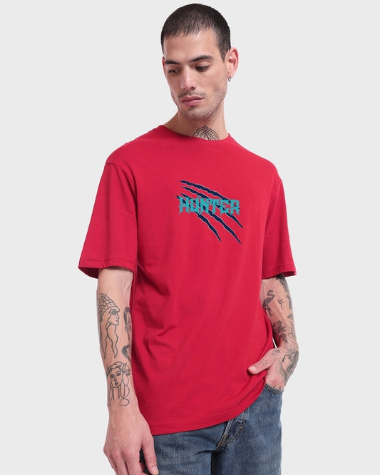 Men's Red Hunter Graphic Printed Oversized T-shirt
