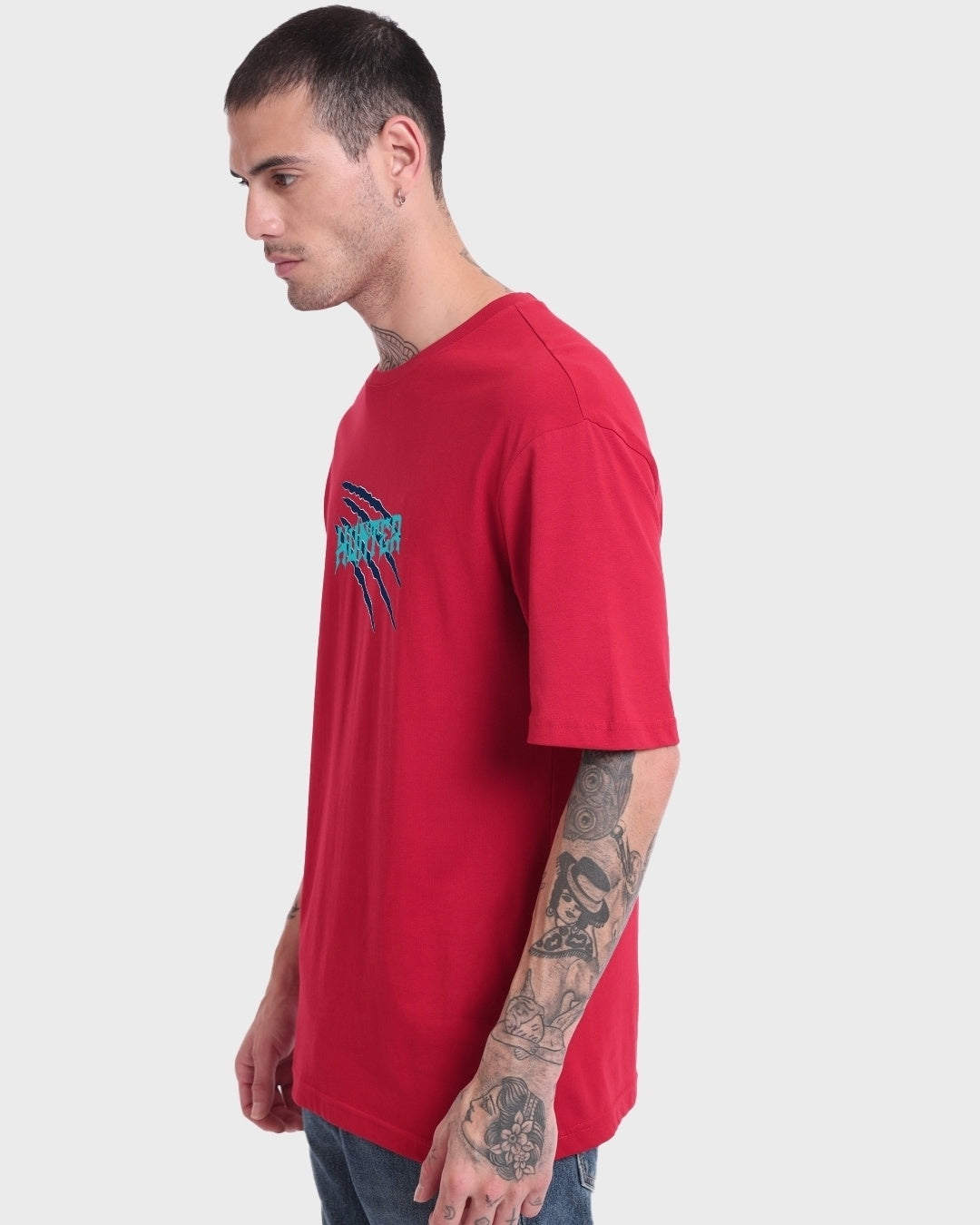 Men's Red Hunter Graphic Printed Oversized T-shirt