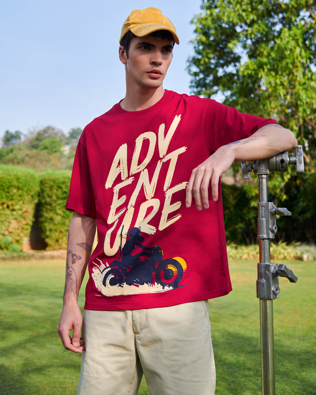 Men's Red Moon Rider Graphic Printed Oversized T-shirt