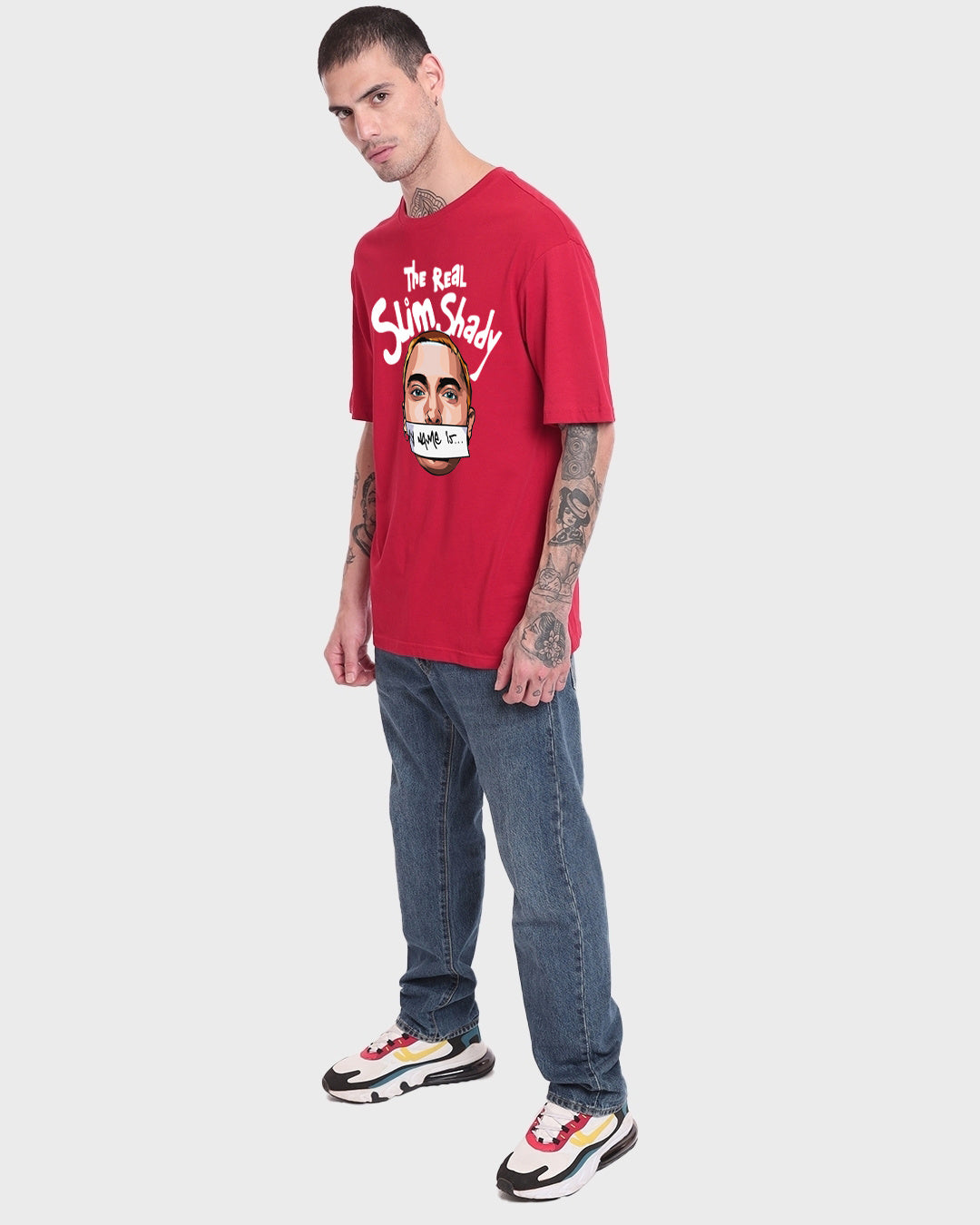 Men's Red Real Slim Shady Graphic Printed Oversized T-shirt