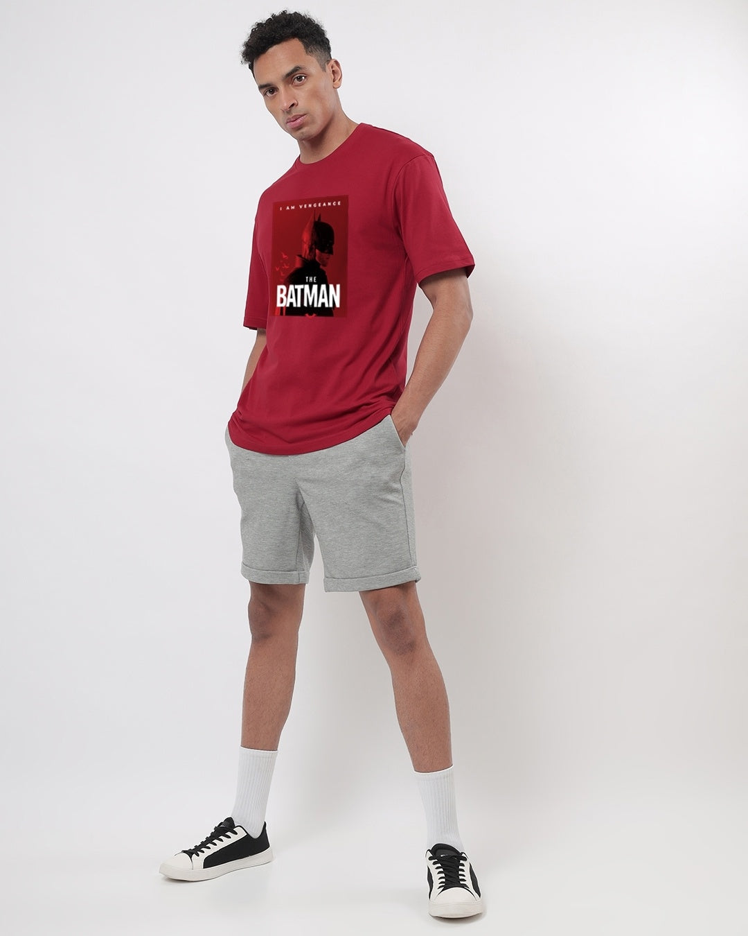 Men's Red The Batman Graphic Printed Oversized T-shirt