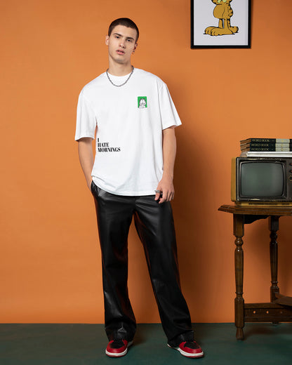 Men's White Garfield Hates Mornings Graphic Printed Oversized T-shirt