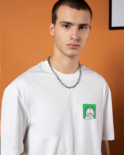 Men's White Garfield Hates Mornings Graphic Printed Oversized T-shirt