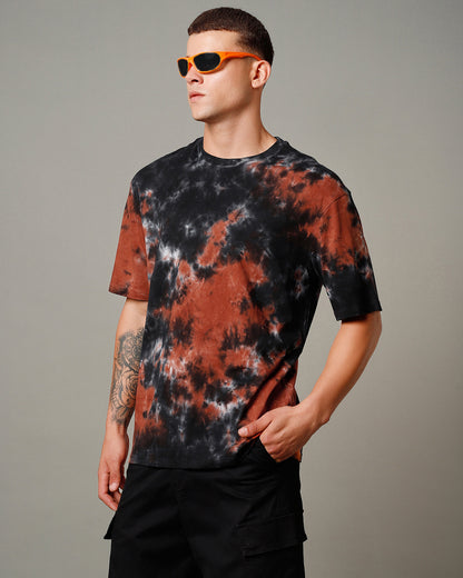 Men's Black & Orange Tie & Dye Oversized T-shirt