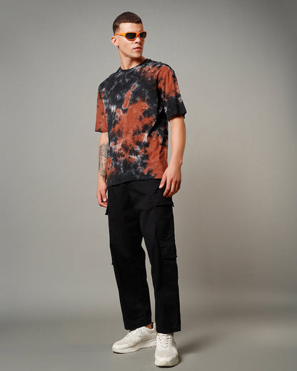 Men's Black & Orange Tie & Dye Oversized T-shirt