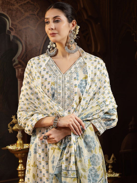 Floral Printed V-Neck Sequinned Pure Cotton Kurta With Trousers & Dupatta
