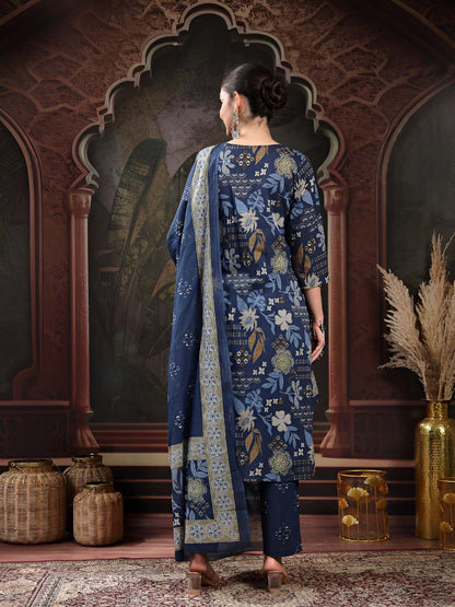 Women Floral Printed Cotton Kurta with Trousers & Dupatta