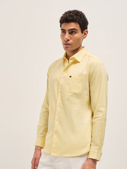 Men Slim Fit Solid Spread Collar Casual Cotton Linen Shirt