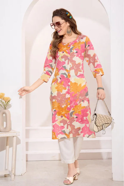 Pink Orange Linen Cotton Round Neck Women Long Kurta