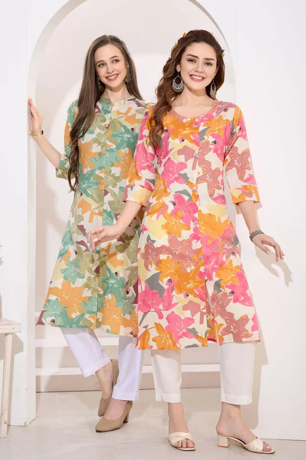 Pink Orange Linen Cotton Round Neck Women Long Kurta