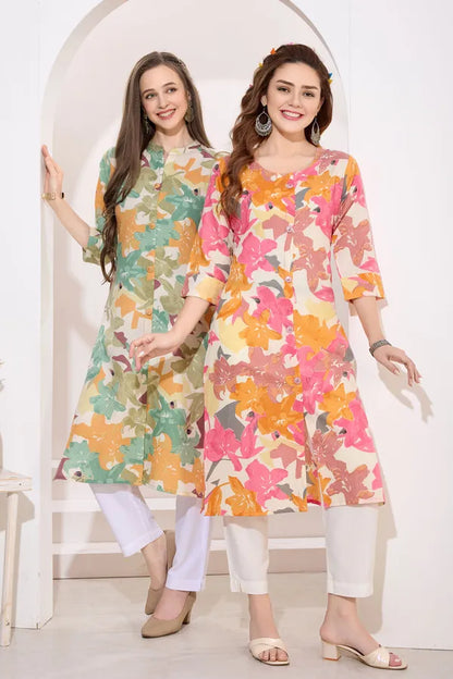 Pink Orange Linen Cotton Round Neck Women Long Kurta