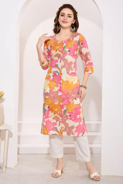 Pink Orange Linen Cotton Round Neck Women Long Kurta