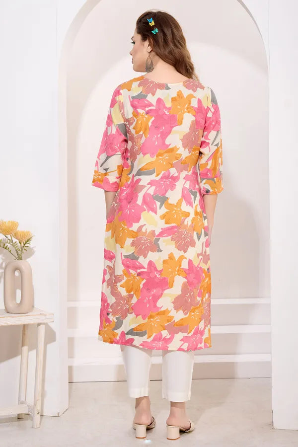 Pink Orange Linen Cotton Round Neck Women Long Kurta