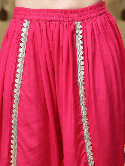 Floral Yoke Design Empire Shoulder Straps Embroidered A-Line Fusion Kurti With Dhoti Pants