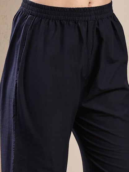 Embroidered Pure Cotton V Neck Tunic With Trousers