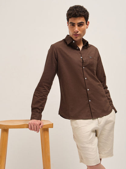 Men Slim Fit Solid Spread Collar Casual Cotton Linen Shirt