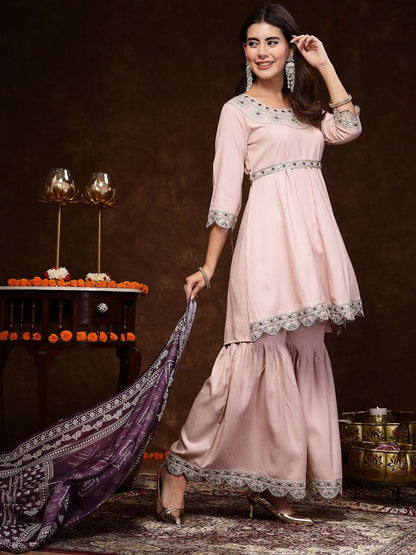 Rose Gold & Purple Ethnic Motifs Embroidered Anarkali Kurta & Sharara With Dupatta