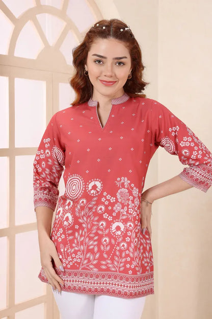 Red Cotton Short Kurti Tunic Top with Floral Print for Women