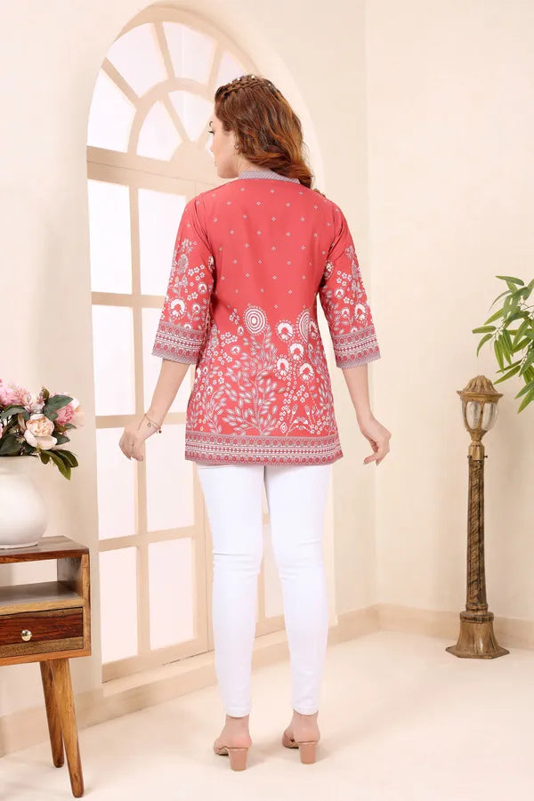 Red Cotton Short Kurti Tunic Top with Floral Print for Women