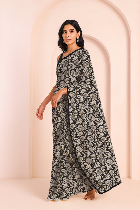 Inara Abstract Print Dark Grey Saree