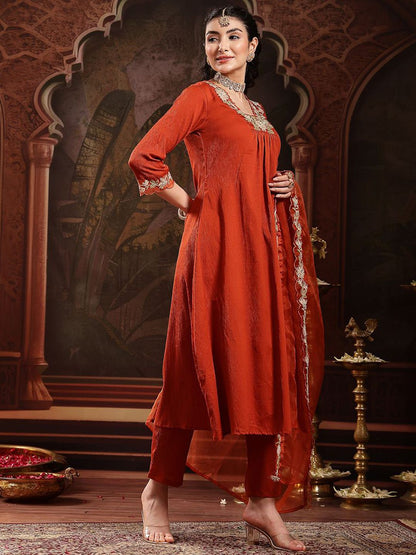 Women Solid Embroidered Anarkali Kurta with Trousers & Dupatta