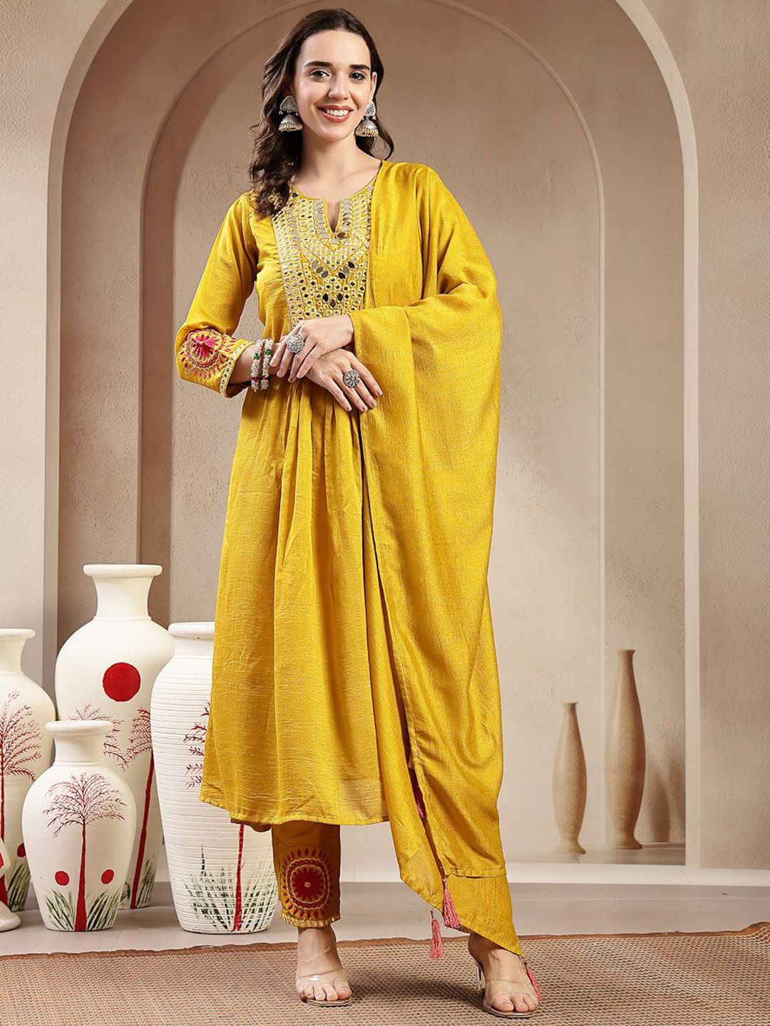 Women Solid Embroidered Kurta with Pyjamas & Dupatta
