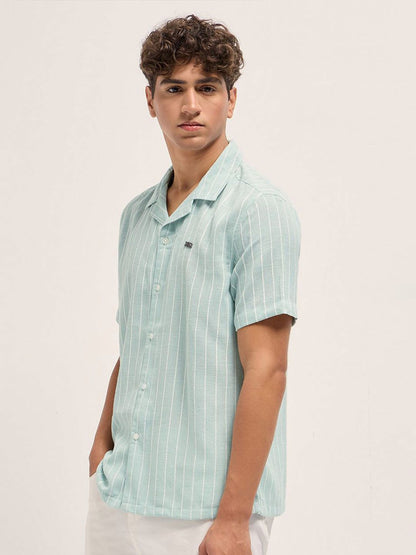 Men Relaxed Fit Vertical Striped Cuban Collar Linen Casual Shirt