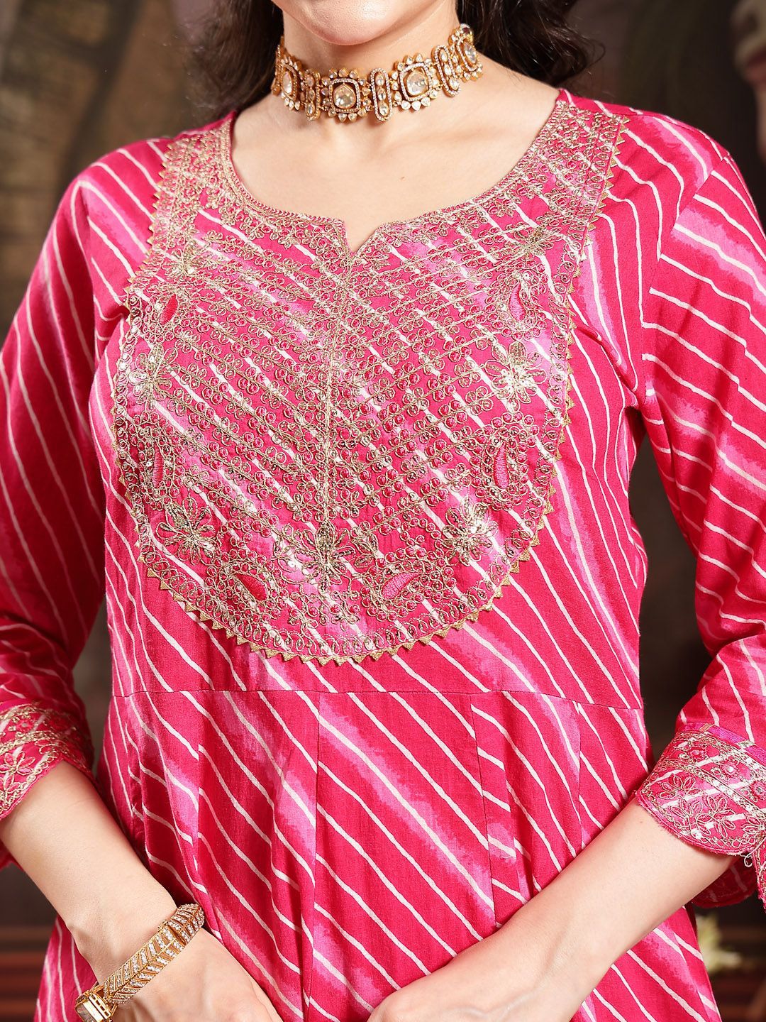 Leheriya Printed Empire Sequinned Pure Cotton Anarkali Kurta With Trouser & Dupatta