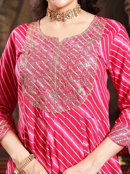 Leheriya Printed Empire Sequinned Pure Cotton Anarkali Kurta With Trouser & Dupatta