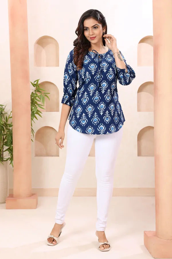 Indigo Blue Round Neck Short Tunic Top for Women