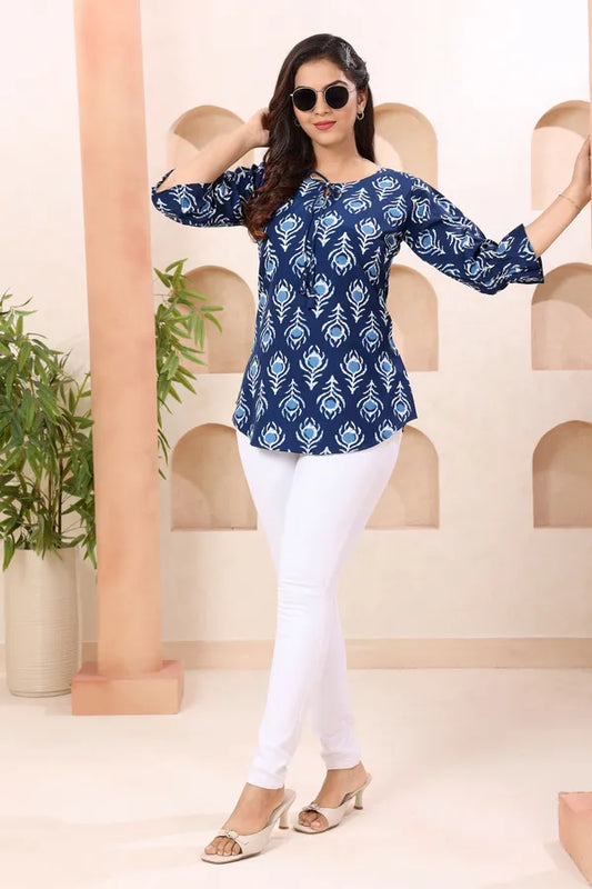 Indigo Blue Round Neck Short Tunic Top for Women