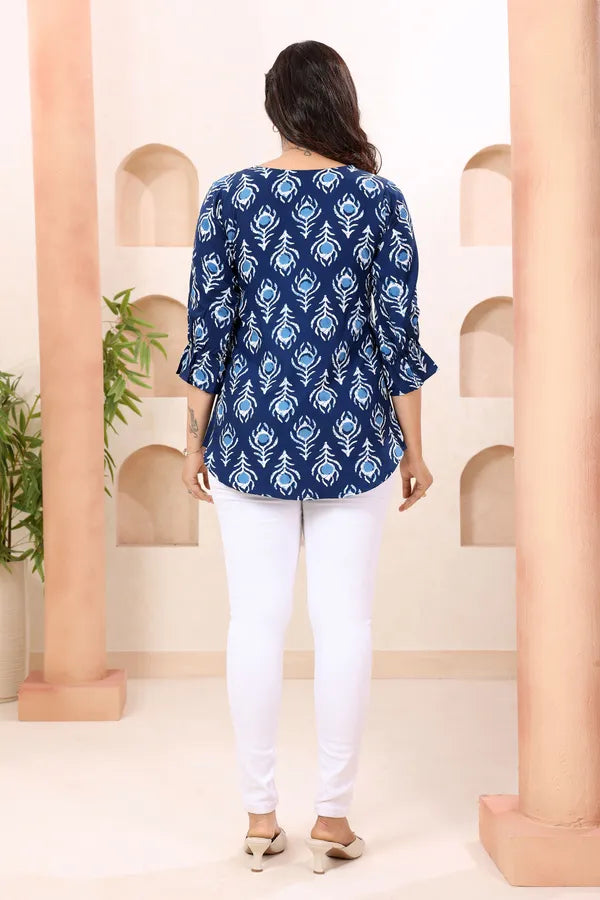 Indigo Blue Round Neck Short Tunic Top for Women