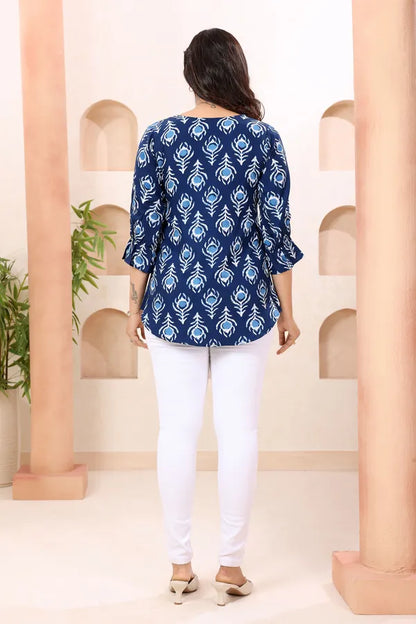 Indigo Blue Round Neck Short Tunic Top for Women