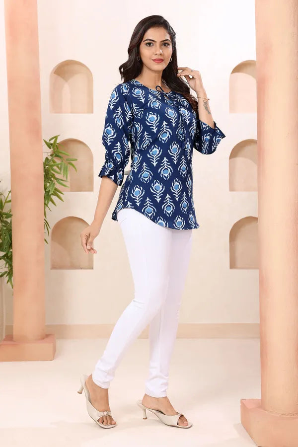 Indigo Blue Round Neck Short Tunic Top for Women