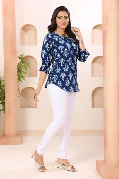 Indigo Blue Round Neck Short Tunic Top for Women