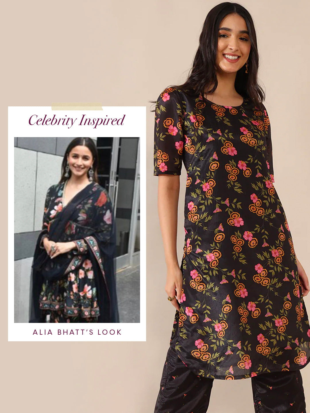 Sareen Floral Printed Black Kurta Set