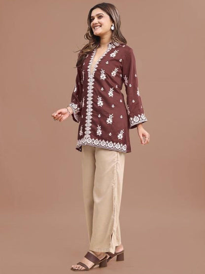 Embroidered Mandarin Collar Tunic With Trousers Co-Ords Set