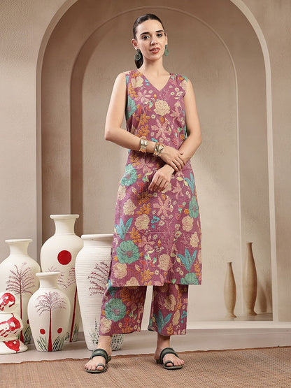 Floral Striped V-Neck Kantha Work Pure Cotton Kurta With Trousers