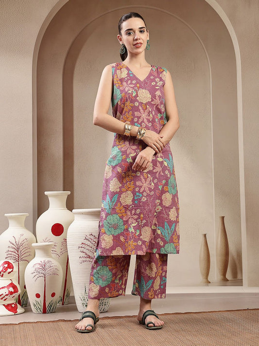 Floral Striped V-Neck Kantha Work Pure Cotton Kurta With Trousers