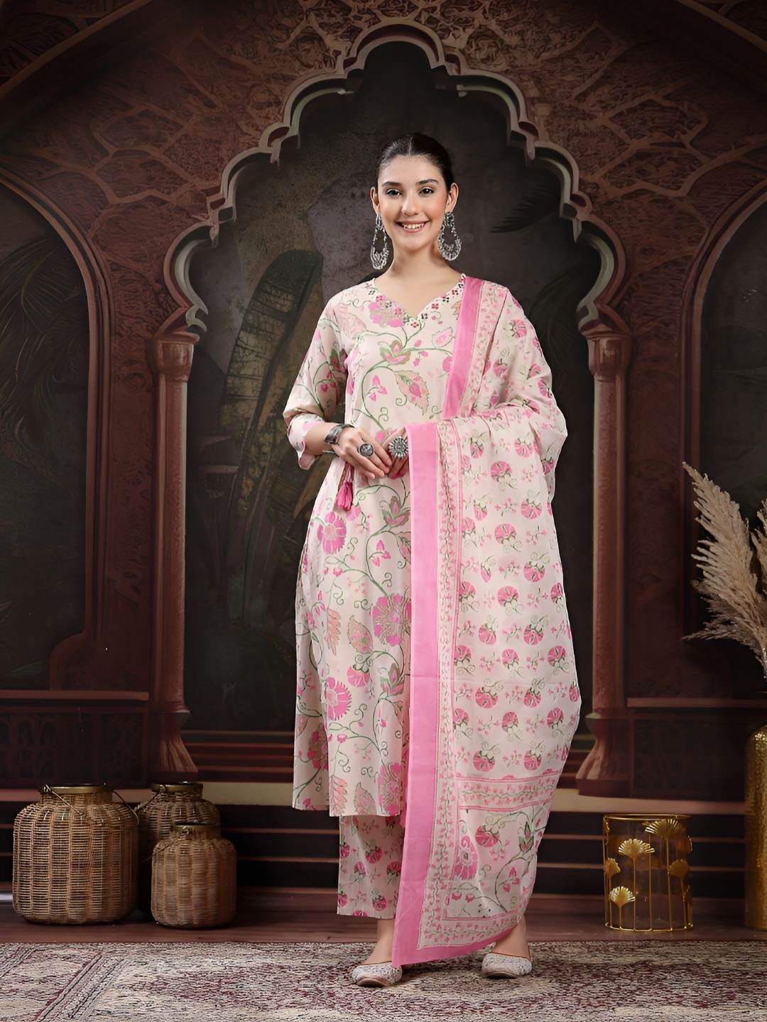 Floral Printed Straight Pure Cotton Kurta With Trousers & Dupatta