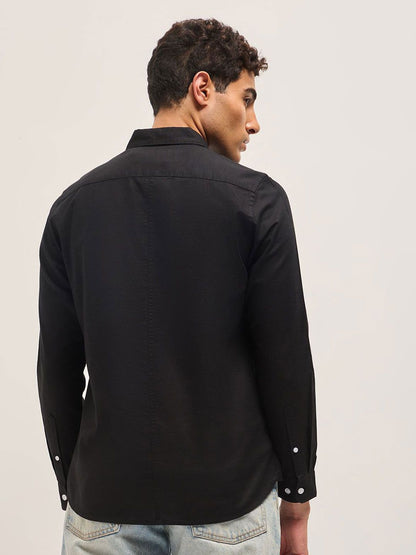 Men Slim Fit Solid Spread Collar Casual Cotton Linen Shirt