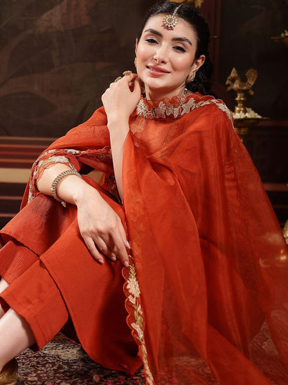 Women Solid Embroidered Anarkali Kurta with Trousers & Dupatta