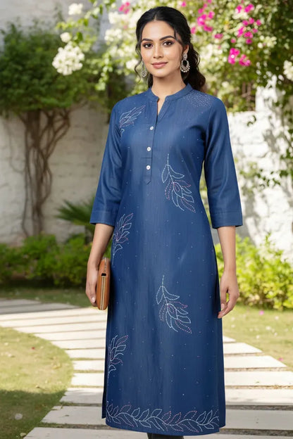 Exclusive Ban Collar Denim Kurti With Hand Embroidery