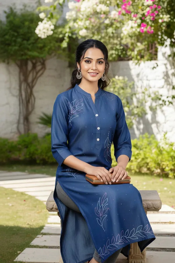 Exclusive Ban Collar Denim Kurti With Hand Embroidery